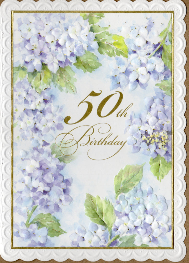 Blue and white hydrangea themed 50th birthday embossed greeting card by Carol Wilson. Inside: Wishing you a beautiful 50th birthday surrounded with love! Happy Birthday! Retail $4.25 | CRG6011 | 255758