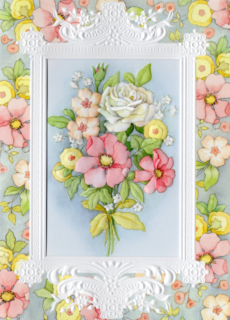 Pale white and pink dog roses with a lace patterned frame embossed die cut general birthday greeting card by Carol Wilson. Inside: Your birthday seems the perfect time to tell you how much you are loved. Retail $2.95 | CG1152 | 255762