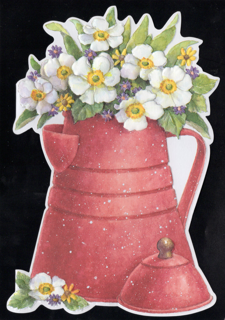Red tin bucket with white flowers embossed die cut greeting card by Carol Wilson. Blank inside. Retail $2.95 | CG1161 | 255763