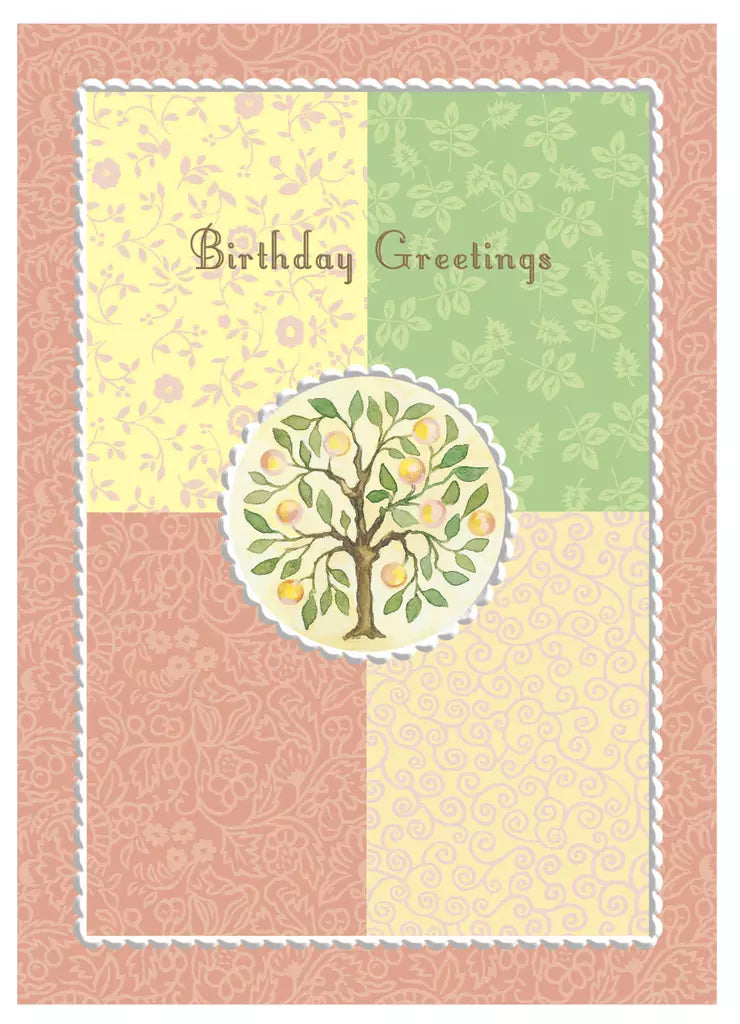 Grapefruit tree on peach green tan and yellow background embossed die-cut general birthday greeting card by Carol Wilson. Inside: May your birthday be filled with an abundance of good health. Retail $3.25 | CG1384 | 255766