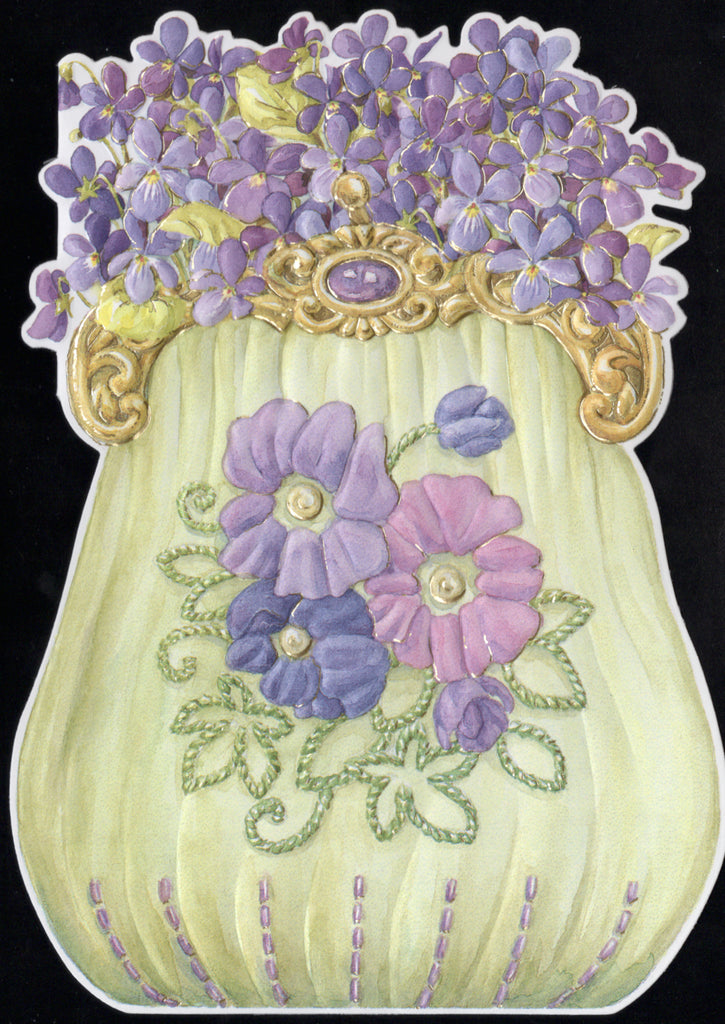Violets in a fancy satin handbag embossed die cut general birthday greeting card by Carol Wilson. Inside: May your birthday be filled with wishes come true! Happy Birthday! Retail $3.50 | CG1169 | 255770
