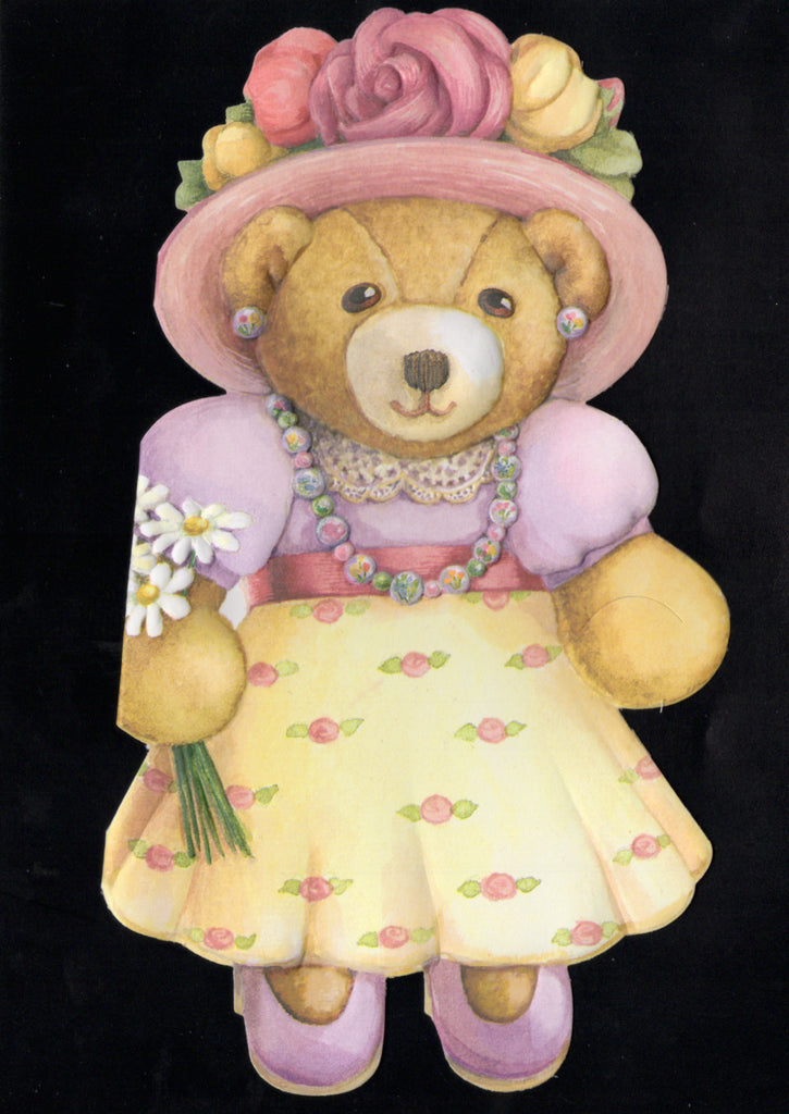 Fancy bear with flower hat and daisy bouquet embossed die cut special friend birthday greeting card by Carol Wilson. Inside: To a special friend! Retail $3.50 | CG1210 | 255771