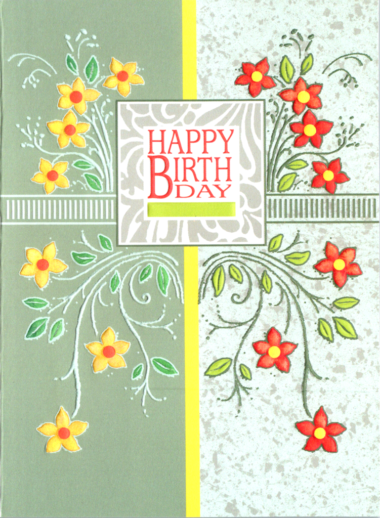 Simple green patterned background with yellow and orange flowers and orange Happy Birthday. embossed die cut greeting card by Carol Wilson. Inside: All good wishes for the very best of everything this year. Retail $3.25 | CG1305 | 255773