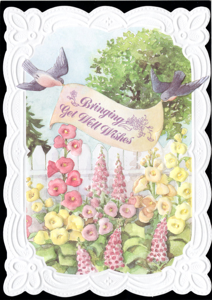 Birds and banner embossed die cut get well greeting card by Carol Wilson Inside Sending sunshine and love to chase the blues away. Retail $4.25 | CRG1283 | 255774