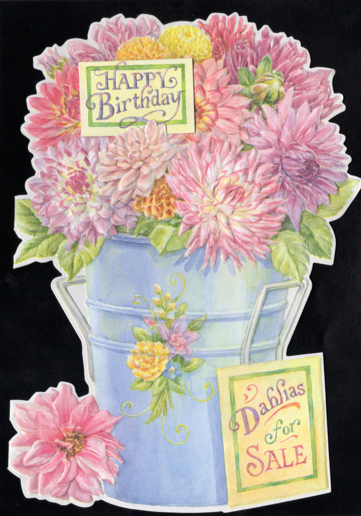 Pink and red dahlia's embossed die cut general birthday greeting card by Carol Wilson. Inside: Happy Birthday Dahling! Retail $3.50 | CG1213 | 255777