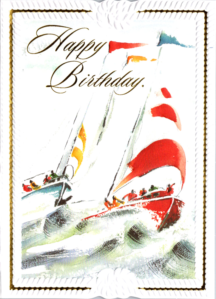 Red white yellow sailboat themed male embossed die cut birthday greeting card from Carol Wilson FIne Arts. Inside: Hope in the coming year all is smooth sailing! Retail $4.25 | CRG1206 | 255792