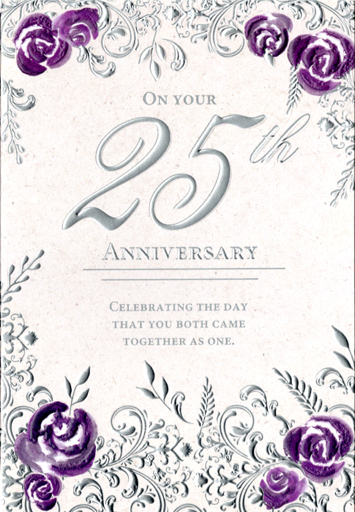 PURPLE FLOWERS - 25TH Anniversary Retail $3.49 Inside: 25 years 300 months 9132 days... 5x7 Greeting Card | 8447 | 255801