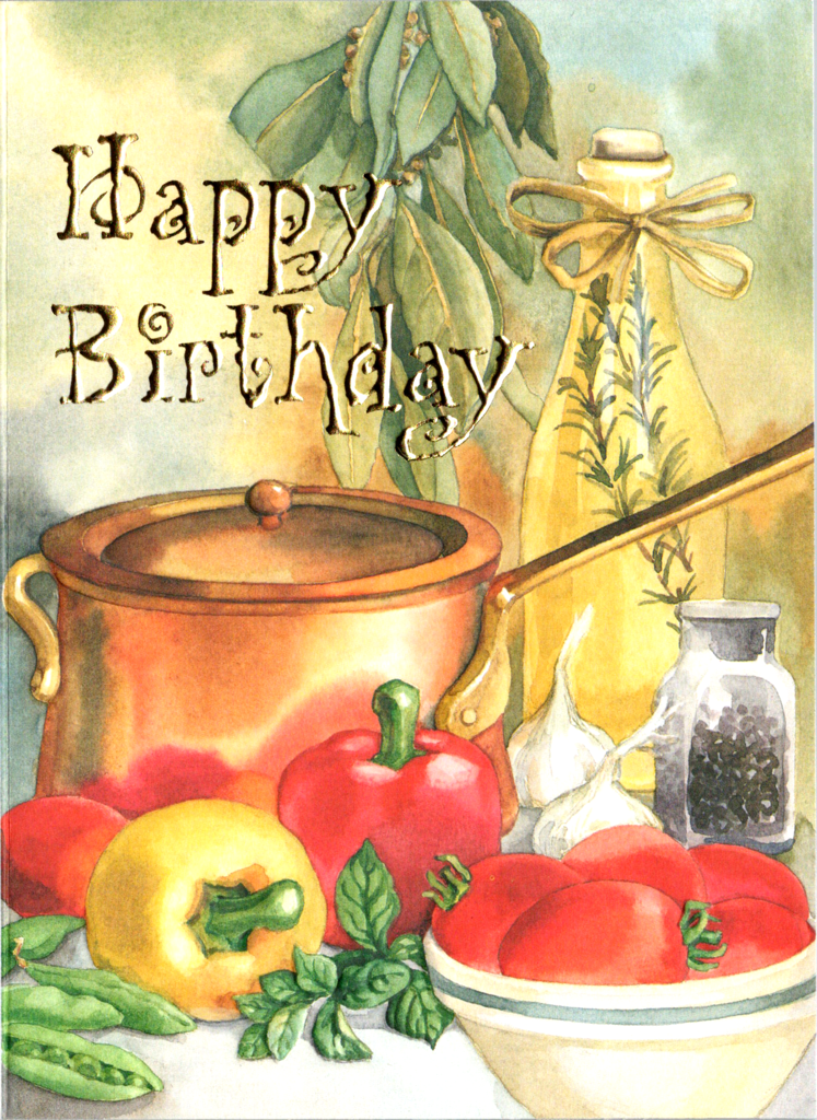 Vegetables herb oil cooking themed embossed die cut general birthday card by Carol Wilson. Inside: Wishing you a birthday filled with simple pleasures. Retail $3.25 | CG1301 | 255807
