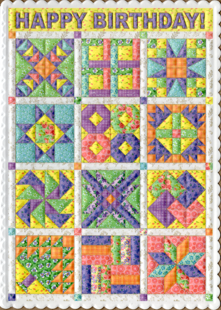 Classic quilt pattern embossed die cut general birthday greeting card by Carol Wilson Inside Warm wishes for a happy birthday! Retail $3.25 | CG1353 | 255809