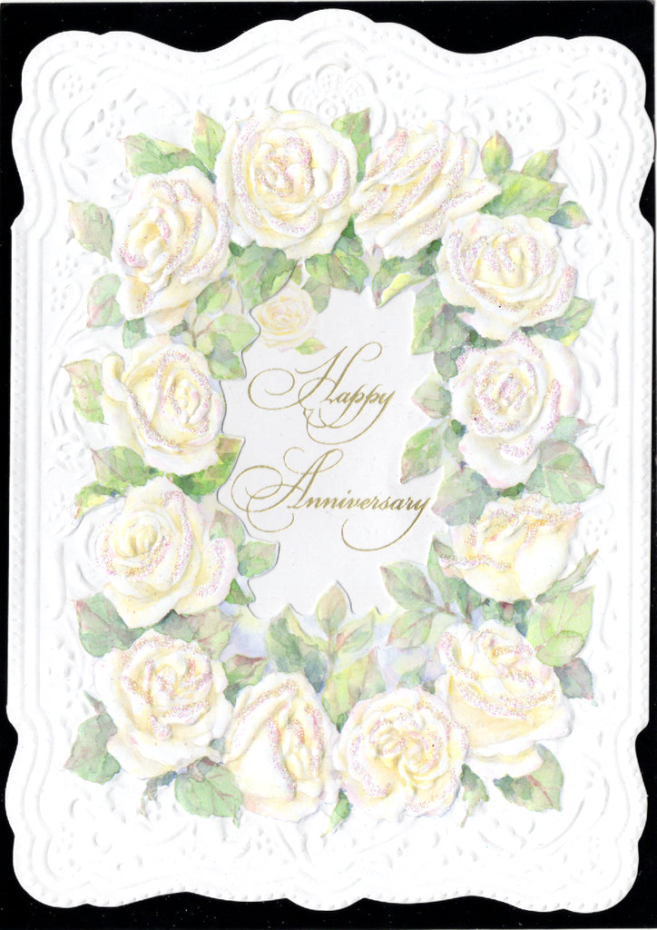 Cream roses with a lace border Happy Anniversary embossed die cut greeting card by Carol Wilson Inside: Our love continues to grow with each year. Retail $4.99 | CRG1343 | 255814
