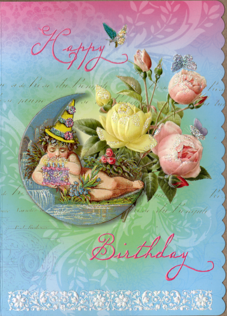 Birthday Cherub with yellow and pink roses embossed die cut general birthday greeting card by Carol Wilson. Inside: May all your birthday wishes come true! Retail $4.25 | CG4031 | 255816