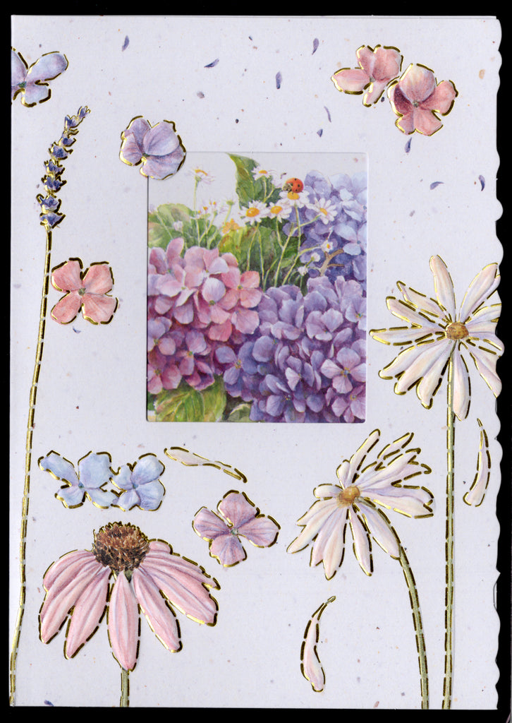 Blue Daisy and hydrangeas embossed die cut thinking of you get well greeting card by Carol Wilson. Inside: Thinking of you! Retail $4.25 | CG1032 | 255824