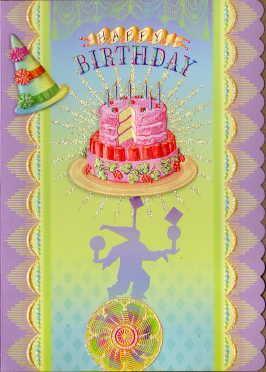 Harlequin clown with a birthday cake embossed die cut general birthday greeting card by Carol Wilson Inside: Have a fabulously fantastic birthday! Retail $4.25  | CG4032 | 255827