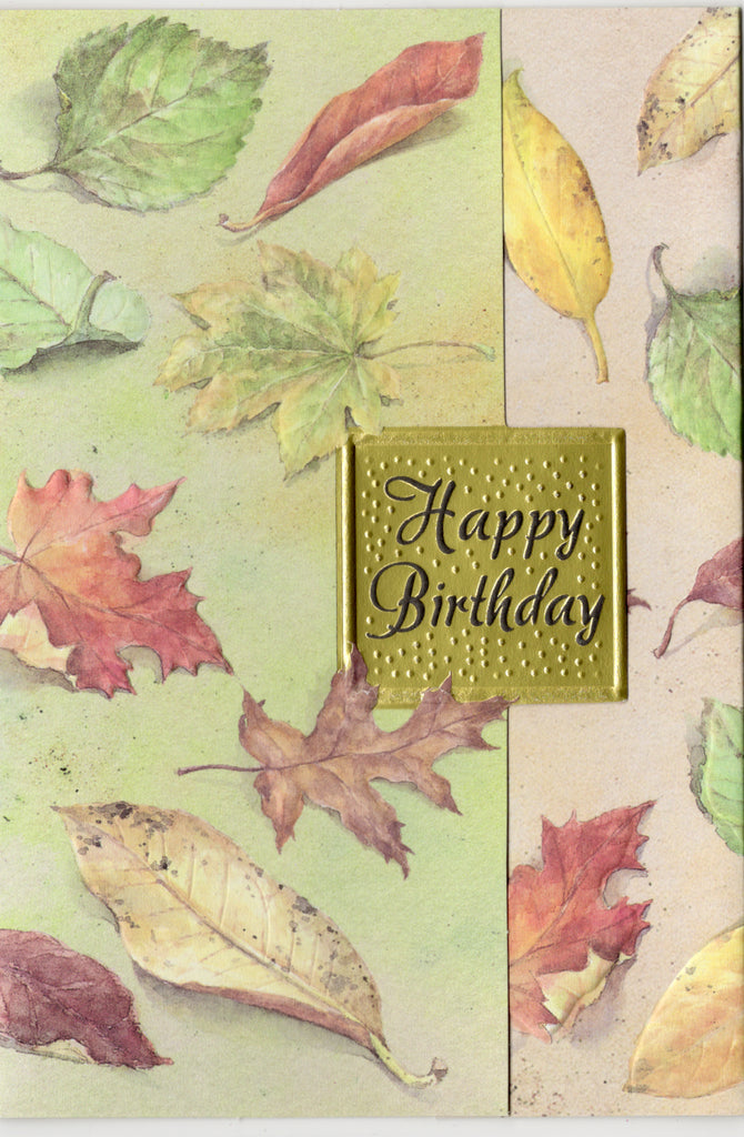 Falling Autumn leaves male embossed die-cut birthday card by Carol Wilson. Inside: Gathering up wishes for a wonderful day. Retail $4.25 | CRG1154 | 255828