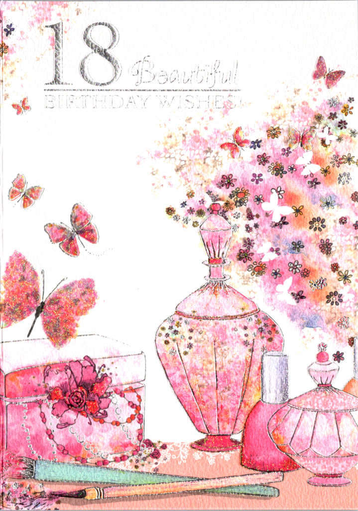 Pink perfume- 18th age female birthday card. Retail $3.99. Inside: Wonderful wishes for a lovely lady on her 18th birthday! | 6128 | 255845