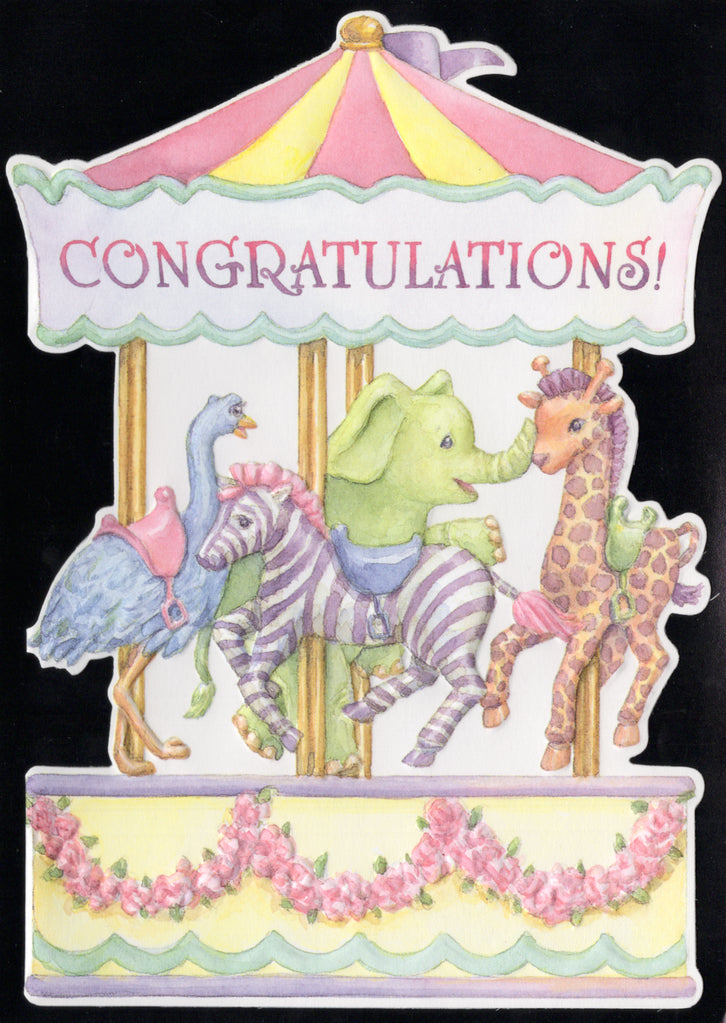 Classic merry go round general new baby embossed die cut greeting card by Carol Wilson. Inside: Babies make the world go round! Retail $4.25 | CRG1174 | 255859
