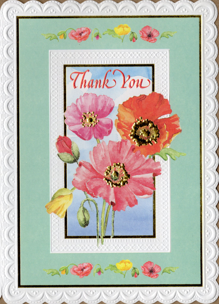 Red and pink poppies on a blue background. Thank you card by Carol Wilson. Inside: You always find a way to brighten my day! Retail $4.25 | CRG1237 | 255860