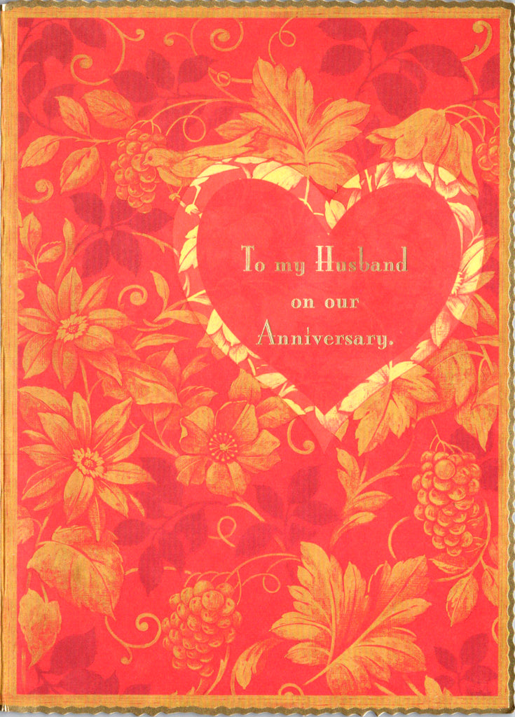 Red and gold rose pattern embossed die cut husband anniversary greeting card by Carol Wilson Inside: I love you with all my heart. Retail $4.25 | CRG6031 | 255862