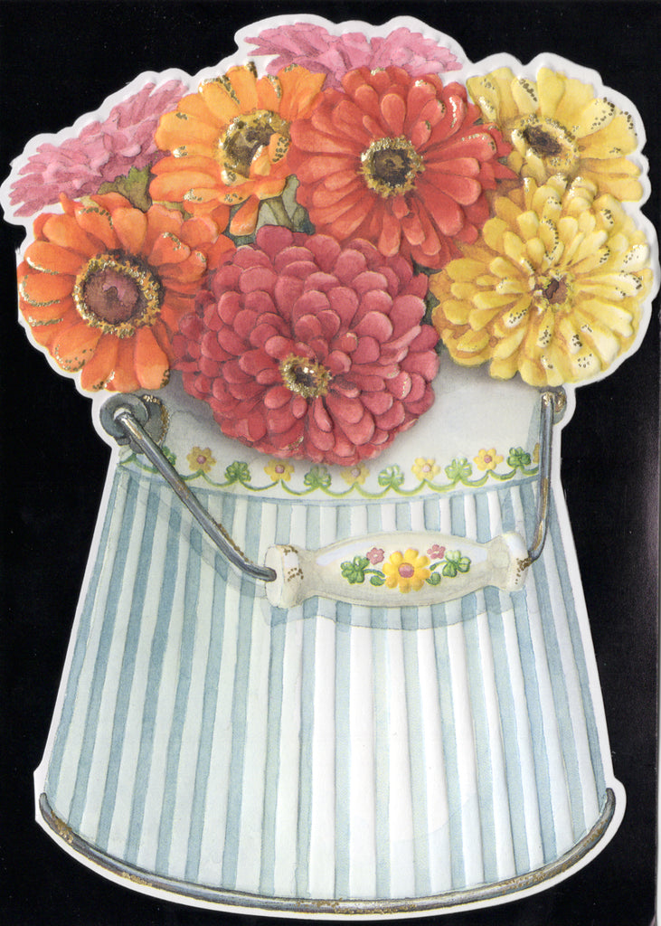 Red yellow orange and pink zinnia's in a bucket bring happy birthday wishes in an embossed die cut greeting card by Carol Wilson. Inside: Wishing you a bright and beautiful birthday! Retail $3.50 | CG1149A | 255871