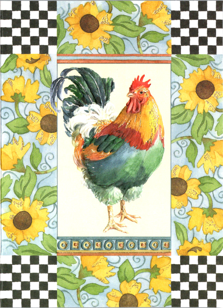 Colorful birthday rooster on checkerboard and sunflower background embossed die cut general birthday greeting card by Carol Wilson. Inside: Happy Birthday! Retail $2.95 | CG1151 | 255872