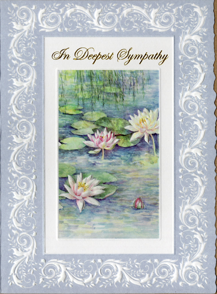 White water lillies with a blue border embossed die-cut sympathy greeting card by Carol Wilson. Inside: Thinking of you with love and wishing you peace and comfort. Retail $4.25. | CRG1035 | 255873