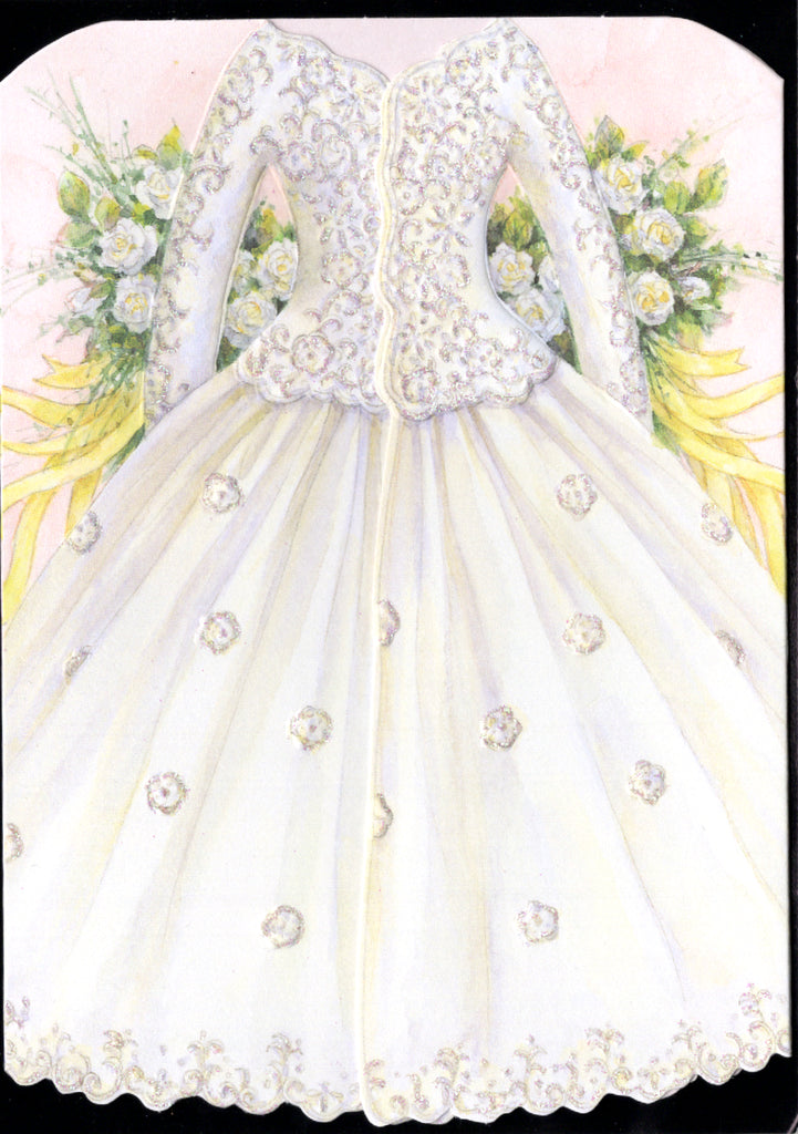 White and cream wedding dress shaped embossed die cut greeting card by Carol Wilson Inside: May love be with both of you today..... Retail $4.25 | CRG1041 | 255874
