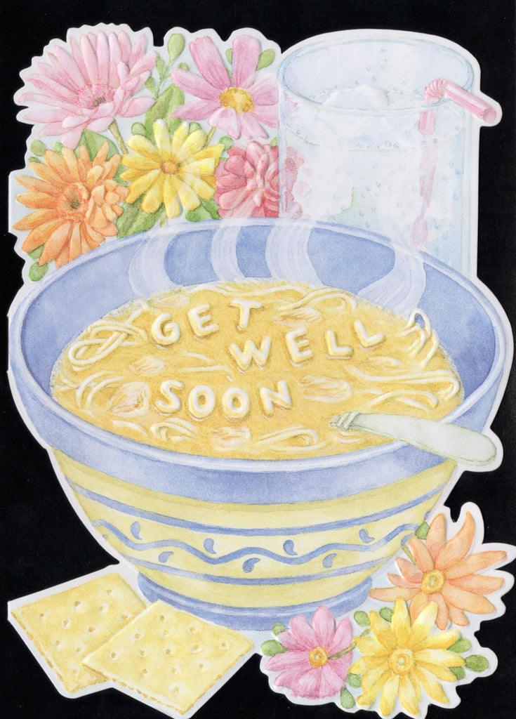 Noodle soup themed embossed die cut get well card by Carol Wilson. Inside: Warm wishes for a speedy recovery. Retai; $4.25 | CRG1098 | 255877