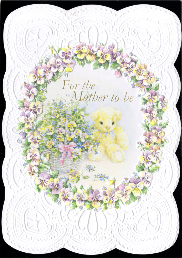 Teddy bear new mother-to-be embossed die cut greeting card by Carol Wilson. Inside: Showers of good wishes! Retail $4.25 | CRG198 | 255880