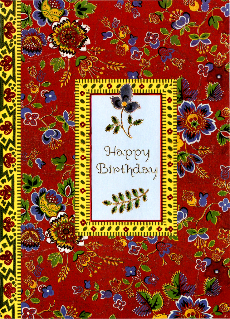 Red country themed floral pattern embossed die cut general birthday greeting card by Carol Wilson. Inside: Heartfelt wishes of happiness and good cheer. Retail $3.25. | CG1395 | 255889