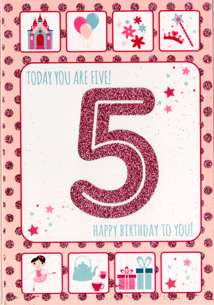 Pink glitter five- 5th age girl birthday card. Retail $2.99. Inside: Love hugs and kisses and special birthday wishes... | 6140 | 255957