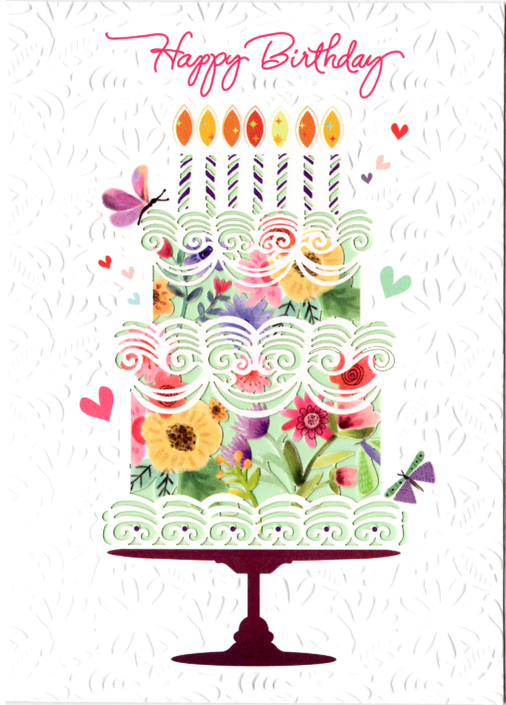 Birthday cake shaped floral themed laser cut embossed card. Blank inside. embossed die-cut envelope. Retail $4.99 | CRG0290 | 255986