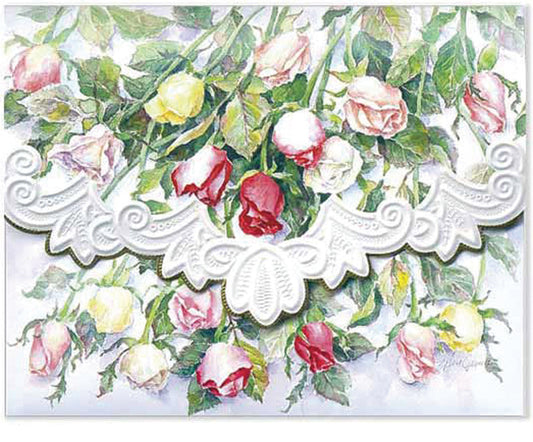 Long Stem Roses Portfolio Boxed Note Cards by Carol Wilson. 10 embossed 4x5 Die-Cut Notecards and Matching Envelopes in Decorative Gift Box with Magnetic Flap. NCP2053