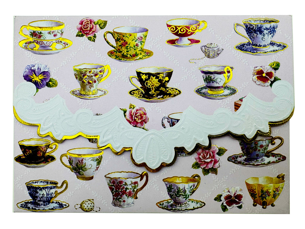 Teacups Portfolio Boxed Note Cards by Carol Wilson. 10 embossed 4x5 Die-Cut Notecards and Matching Envelopes in Decorative Gift Box with Magnetic Flap. NCP2049 5x4 256034