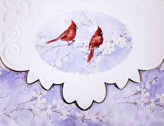Red Cardinals on blue Portfolio Boxed Note Cards by Carol Wilson. 10 embossed 4x5 Die-Cut Notecards and Matching Envelopes in Decorative Gift Box with Magnetic Flap. NCP2700