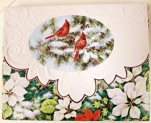 Two red cardinals boxed Christmas portfolio notecards by Carol Wilson. 10 embossed 4x5 Die-Cut Notecards and Matching Envelopes in Decorative Gift Box with Magnetic Flap. NCPX2020