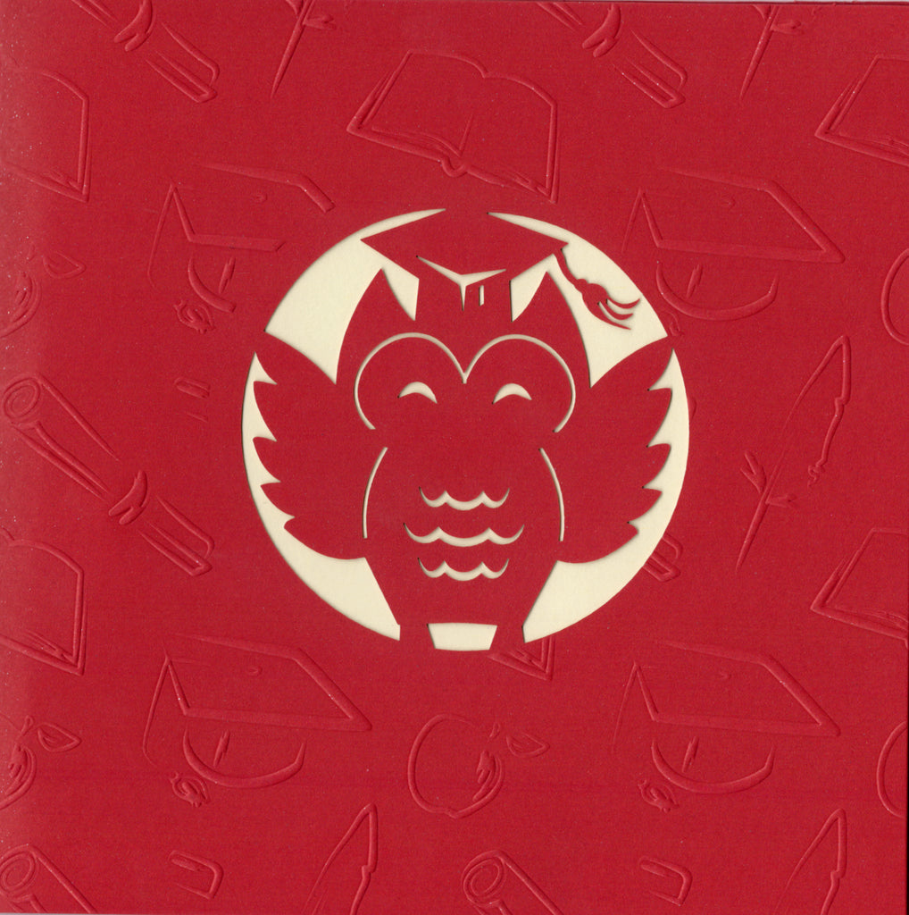 Graduation owl embossed 6x6 Pop-Up Greeting Card by Carol Wilson. Inside: Blank. Retail $6.99 | CRG0132 | 256060