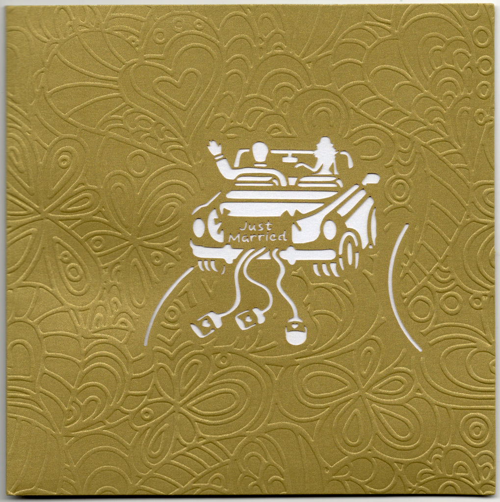 Classic wedding car with bride and groom embossed pop-up wedding engagement greeting card by Carol Wilson. Inside: Blank. Retail $6.99 | CRG0134 | 256061
