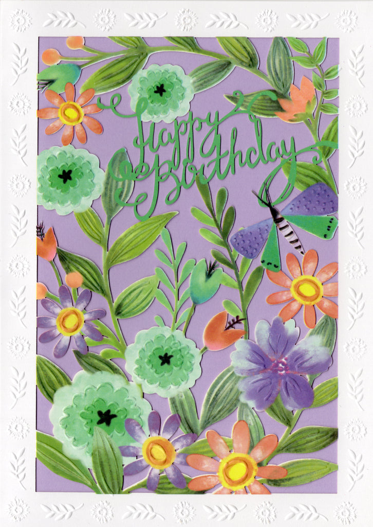 Blue Happy birthday cut out floral themed laser cut embossed card. Blank inside. embossed die-cut envelope. Retail $4.99 | CRG0162 | 256063