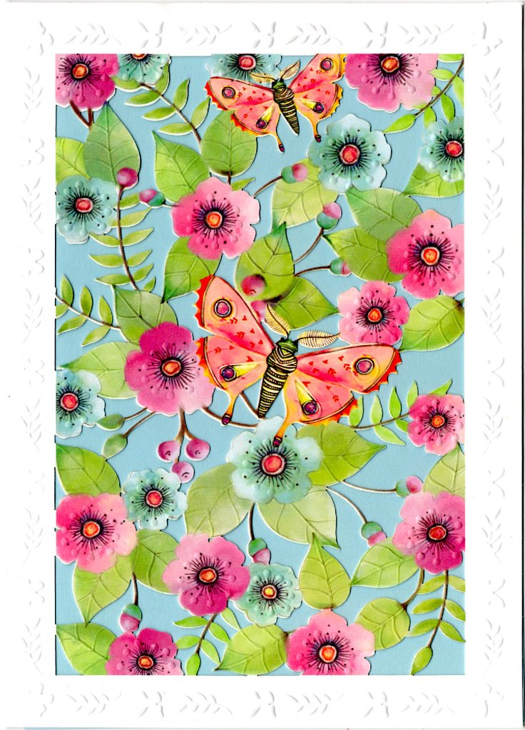Pink and blue floral themed laser cut embossed card. Blank inside. embossed die-cut envelope. Retail $4.99 | CRG0202 | 256094