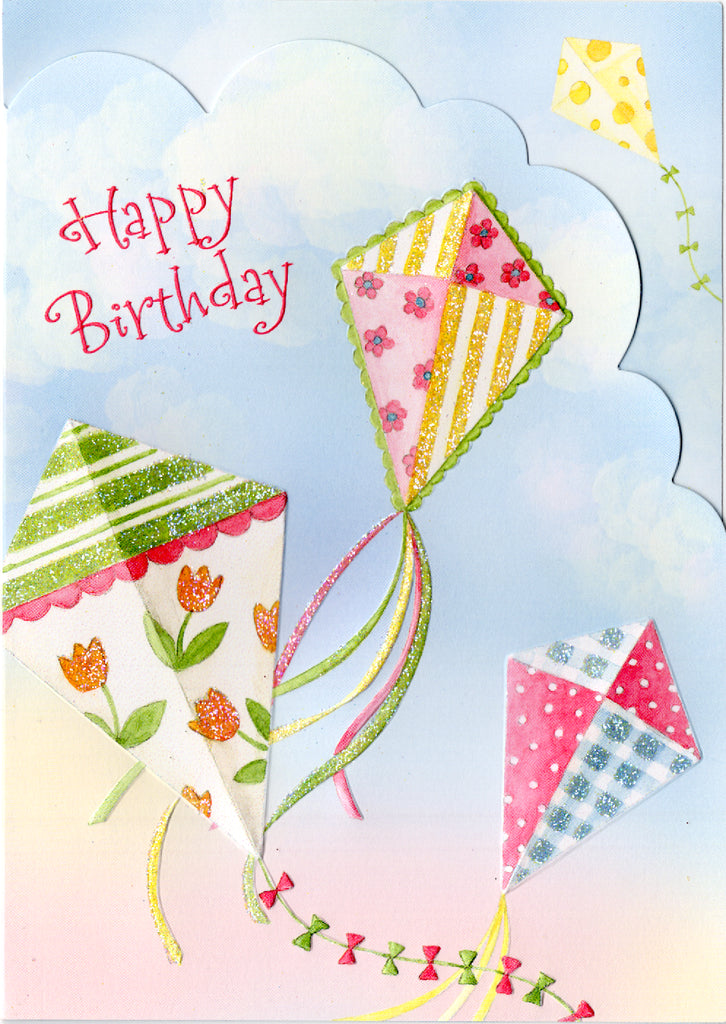 Up up and away birthday kites against the blue sky embossed die cut general birthday greeting card by Carol Wilson. Inside: The sky's the limit so have a great birthday! Retail $3.95 | CG1653 | 256096