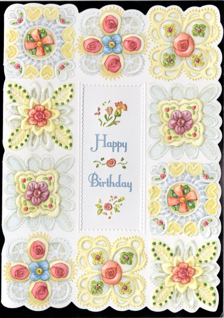 Floral button patchwork pattern embossed die cut general birthday card by Carol Wilson. Inside: Happy Birthday! Retail $3.50 | CG1271A | 256117