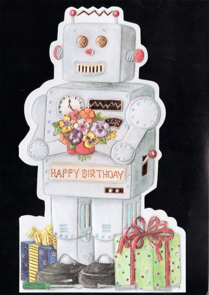 Robot themed embossed die cut male or kid birthday greeting card by Carol Wilson. Inside: Affirmative! I wish you an electrifying birthday! Retail $4.25. | CRG1514 | 256118