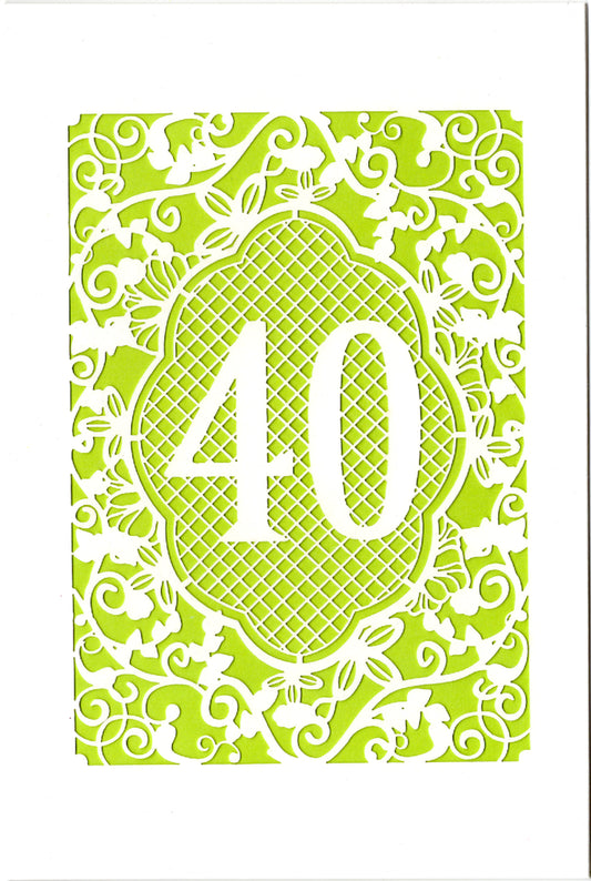 Green lace themed 40th Age Birthday card Retail $3.99. Inside: May your day be full of happy memories. Happy 40th Birthday. | 7416 | 256137