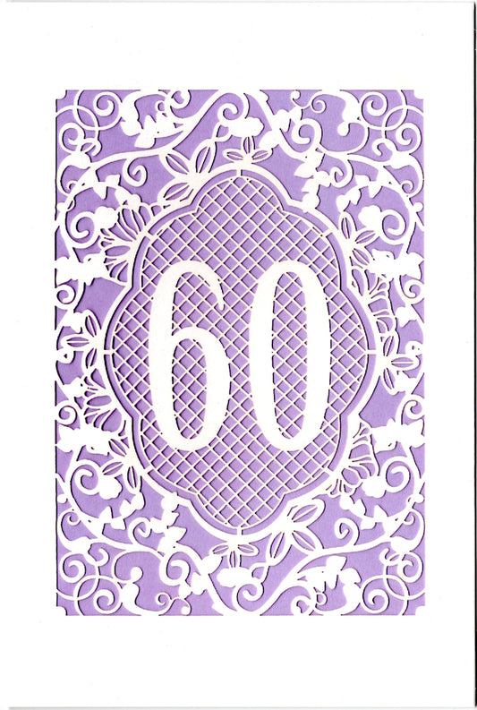 Purple lace themed 60th Age Birthday card Retail $3.99. Inside: Wishing you a 60th made of special memories. | 7418 | 256153
