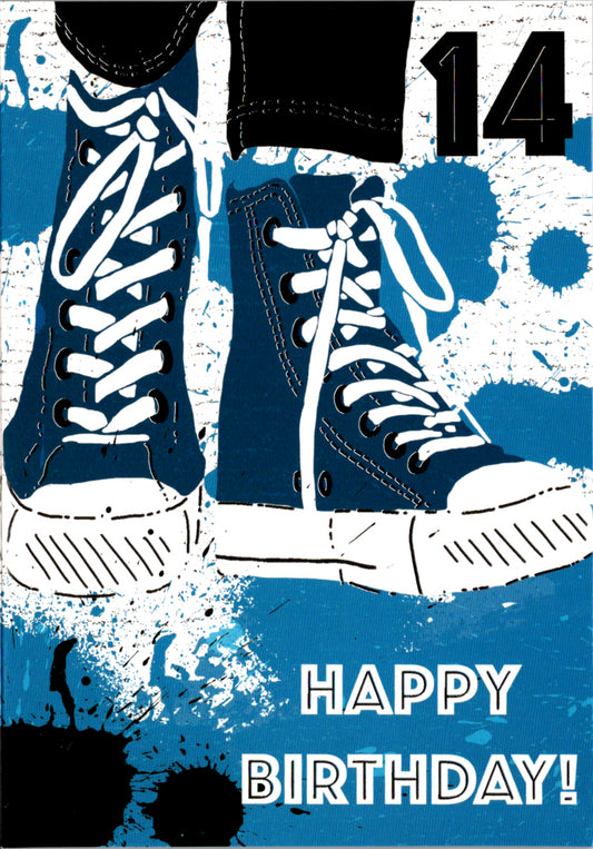 Blue sneakers- 14th age boy birthday card. Retail $2.99. Inside: Have a great 14th Birthday! | 7658 | 256158