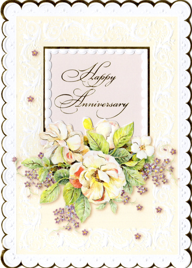 Your anniversary floral cream rose embossed die cut anniversary card by Carol Wilson. Inside: With love to a wonderful couple. Retail $4.25 | CRG1072 | 256183