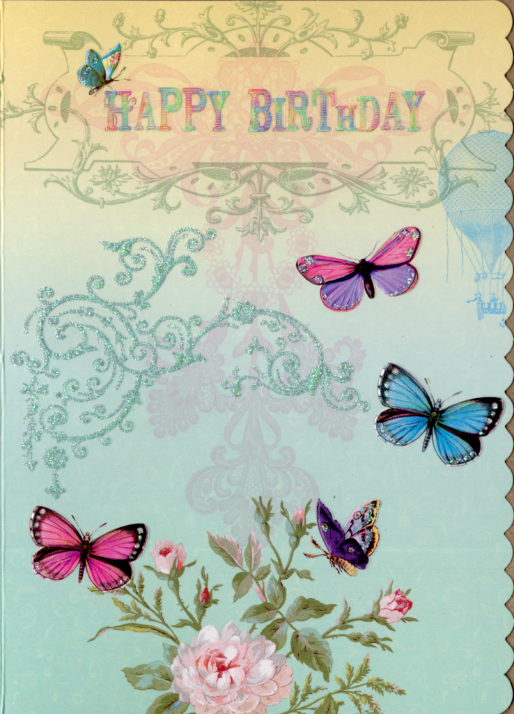 Multi-colored Butterfly on a green background embossed die-cut birthday greeting card by Carol Wilson. Inside: Hoping your day is as special as you are! Retail $4.25 | CRGN4006 | 256190