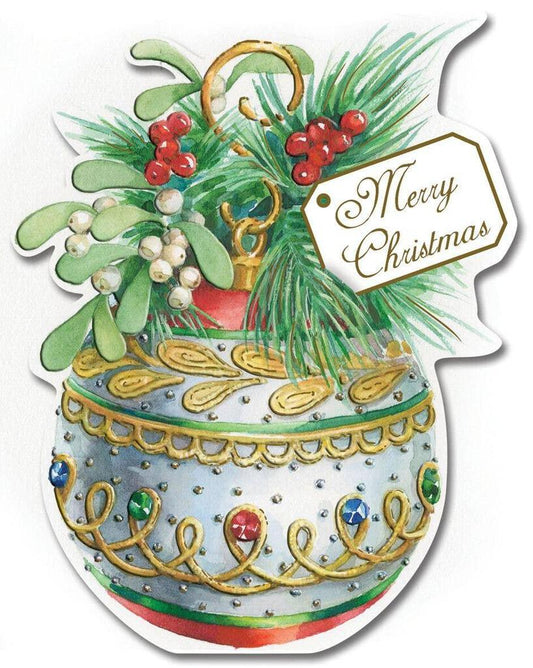 ORNATE BAUBLE WITH CHRISTMAS GREENERY embossed die cut Christmas greeting card. Retail $4.25 Inside: Have a very Merry Christmas! 256539 CRGX0278