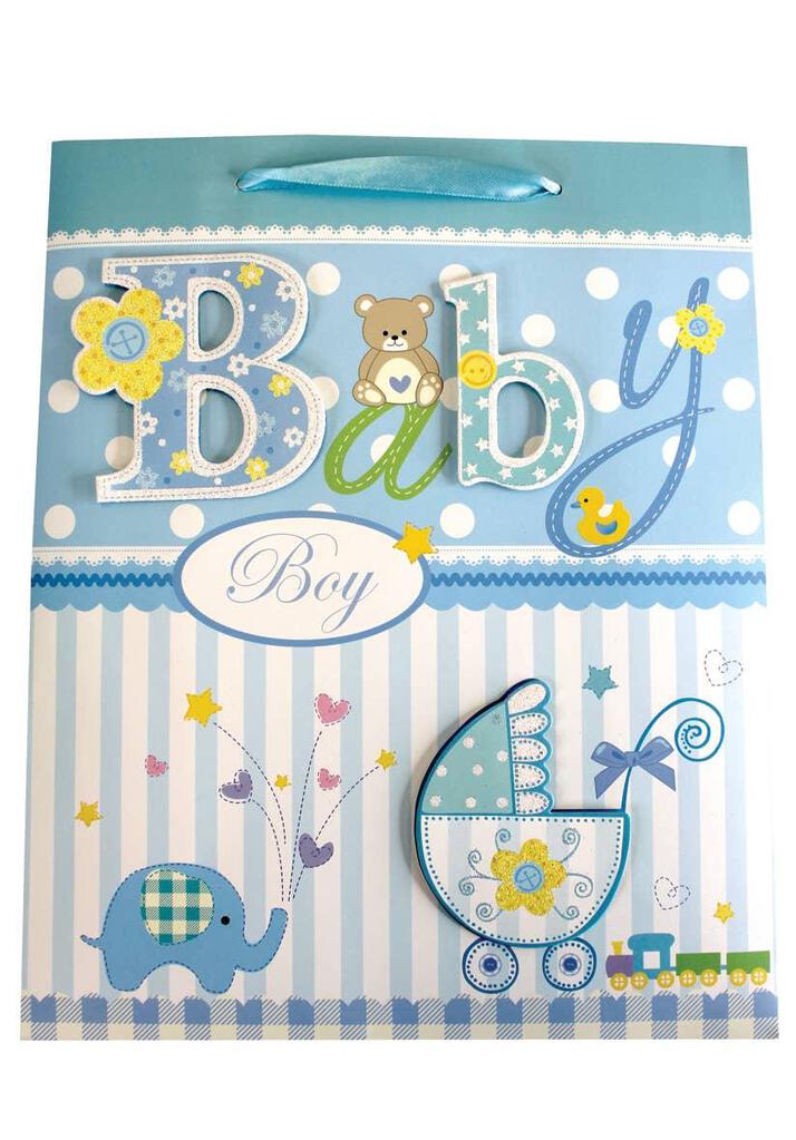 Baby Boy Pram Stroller and Elephant Blue Large Premium Paper Gift Bag With Satin Ribbon Handle | 7550 | 257370