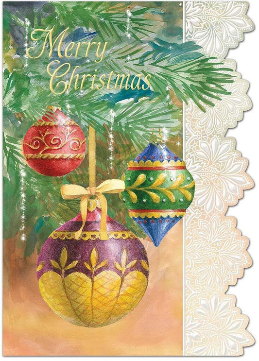 JEWEL TONED CHRISTMAS ORNAMENTS ON TREE embossed die cut Christmas greeting card. Retail $4.25 Inside Hope your Christmas sparkles with happiness. 257875 CRGX3127